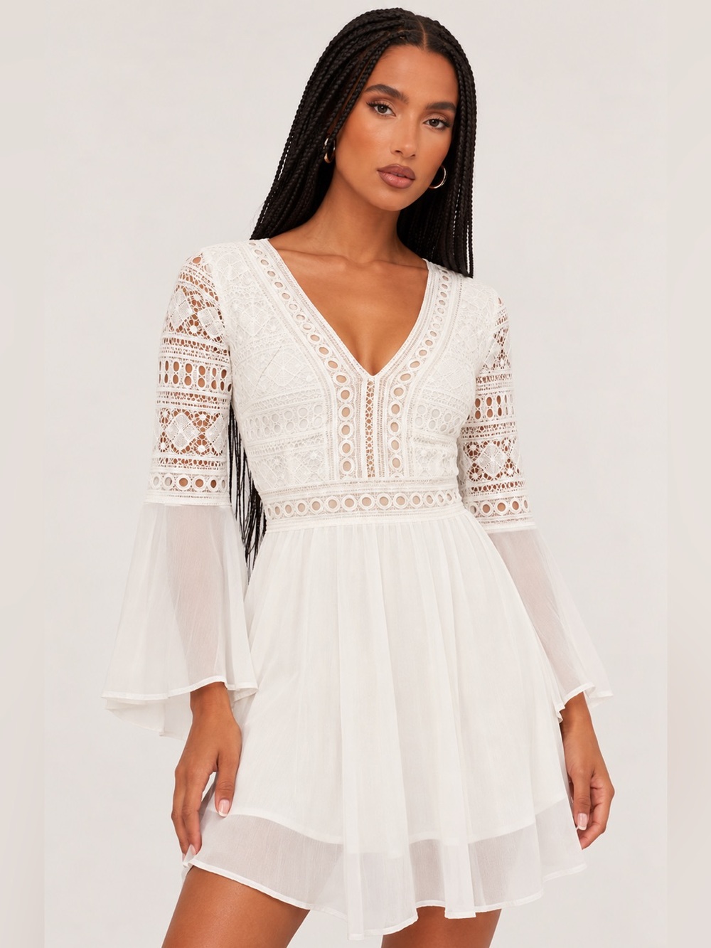White Lace V-Neck Bell Sleeve Dress